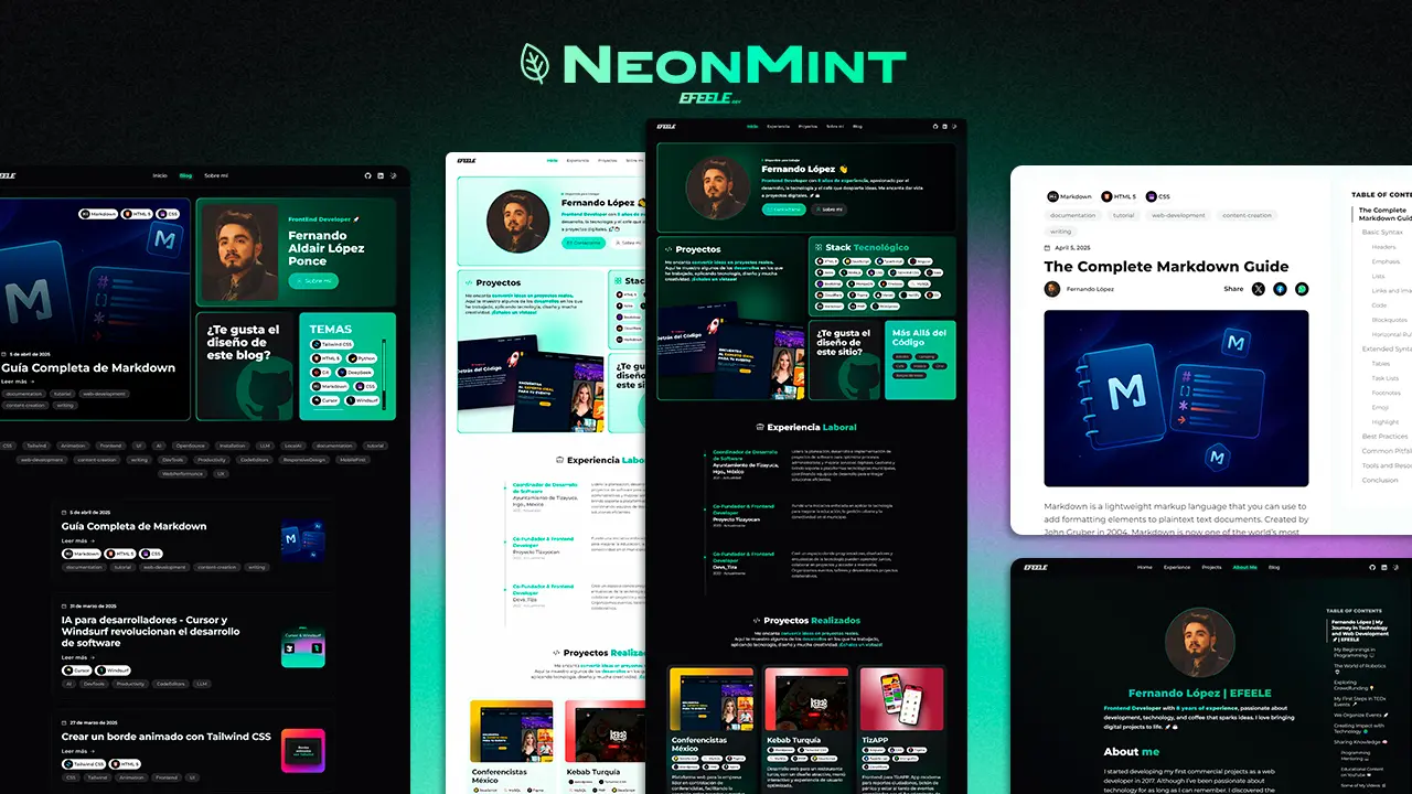 Screenshot of NeonMint, a modern and minimalist web template built with Astro and TailwindCSS. It displays various sections such as blog, portfolio, work experience, and Markdown guide, in both light and dark modes with mint green accents.